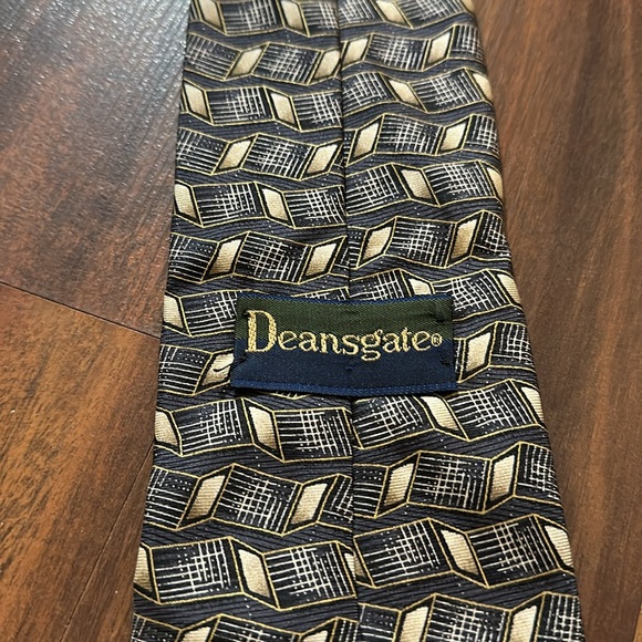 VTG Deansgate Geo Print Art Deco Mens Neck Tie, Formal, 100% Silk, Gray Tan - Picture 5 of 9